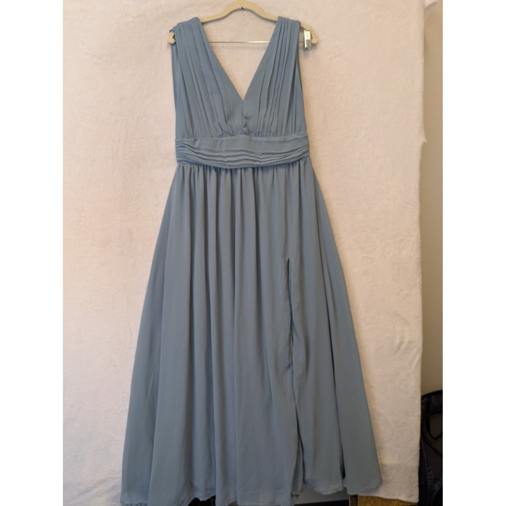 Lulus Flowy Chiffon Maxi Dress Slate Blue V Neck Formal Evening Gown Size‎ L